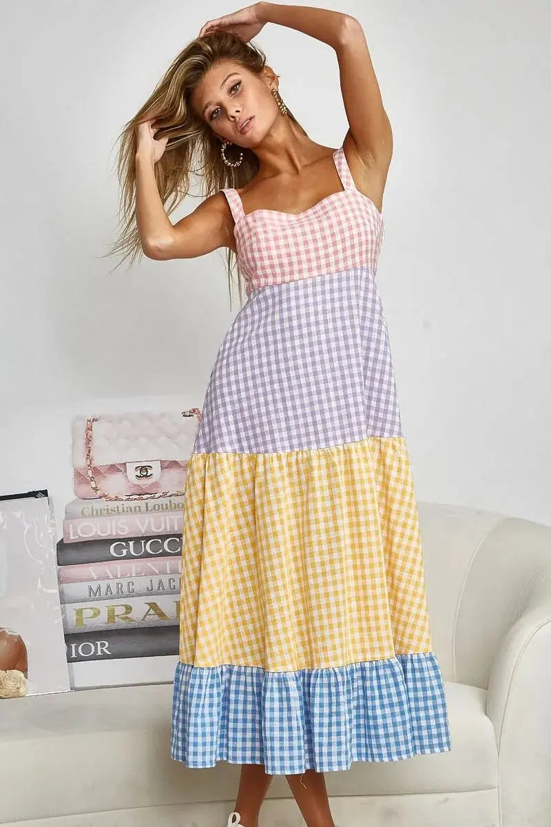 BiBi Color Block Tiered Gingham Dress for Summer Fun - Love Salve